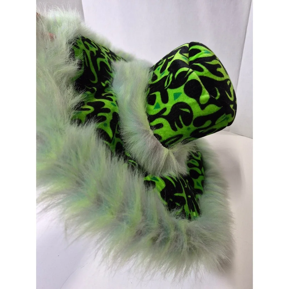 Neon Green Black Flame Print Wide Brim Hat Faux Fur Trim Festival Rave Halloween